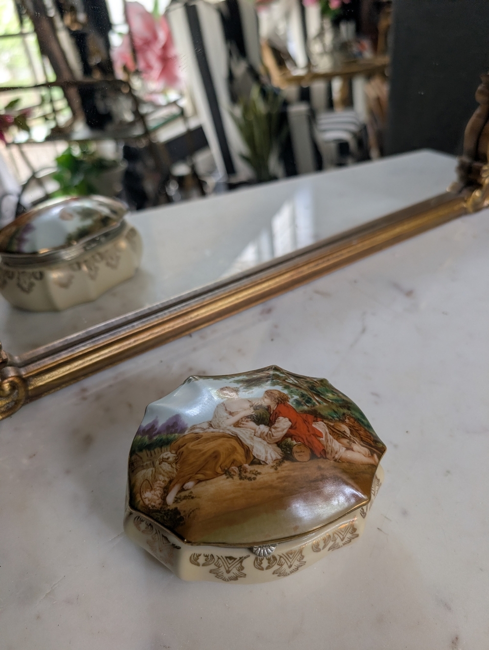 Vintage Hand Painted Porcelain Hinged La Marotte Jewelry Trinket Box, japan